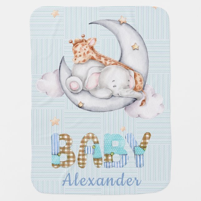 Sleeping Baby Giraff Elephant on The Moon Boy Blanket (Front)