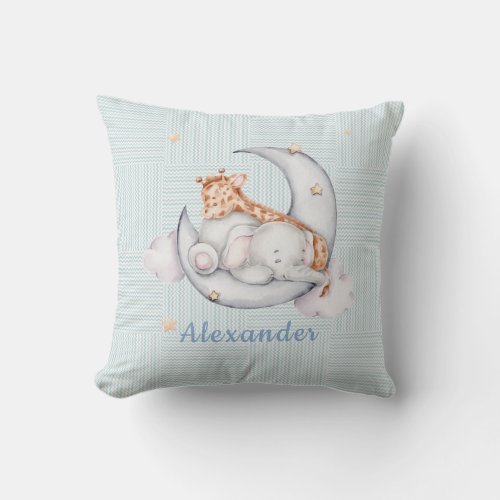 Sleeping Baby Giraff Elephant on The Moon Boy Throw Pillow