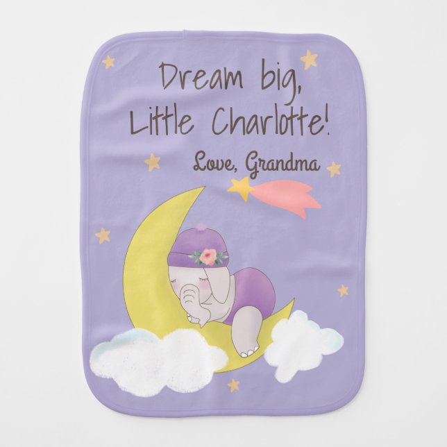 Sleeping Baby Girl Elephant Star Moon Purple Baby Burp Cloth (Front)
