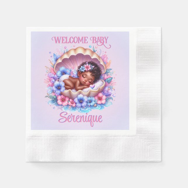 Sleeping Baby Girl in Seashell Floral Pastel Napkins (Front)