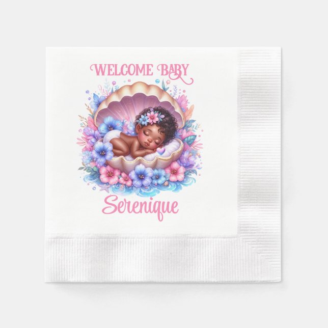 Sleeping Baby Girl in Seashell Floral Pastel Napkins (Front)