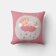 Sleeping Baby Girl On Clouds  Pink Throw Pillow 
