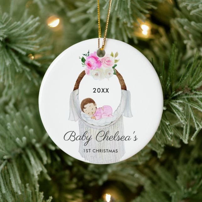 Sleeping Baby Girl Personalized First Christmas Ceramic Ornament (Tree)