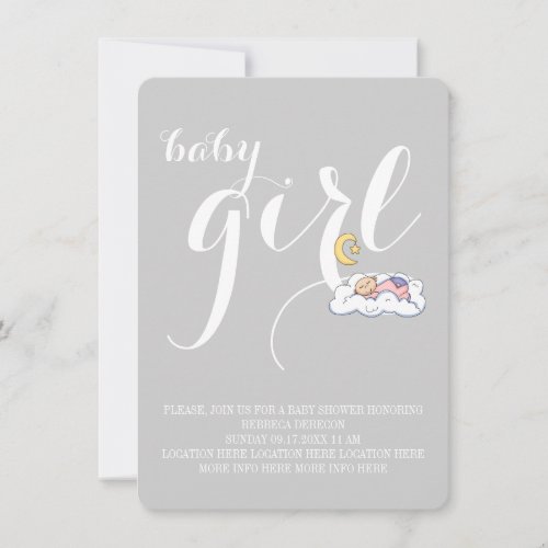 Sleeping baby girl shower elegant text minimal invitation