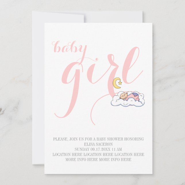 Sleeping baby girl shower elegant text pink invitation (Front)