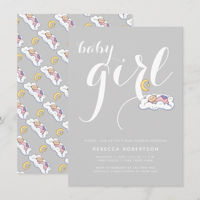 Sleeping baby girl shower gray elegant typography invitation (Front/Back)