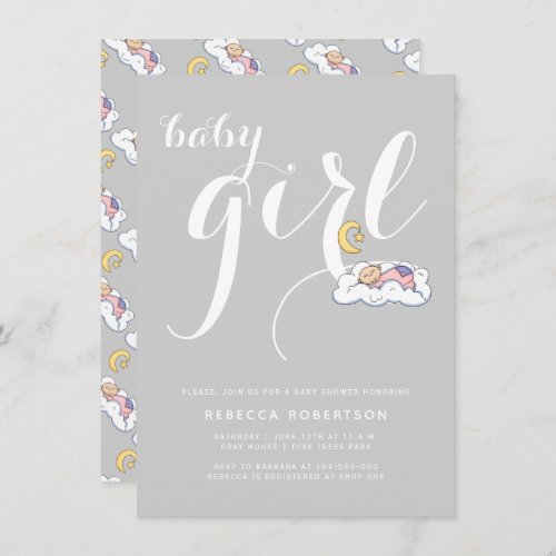 Sleeping baby girl shower gray elegant typography invitation