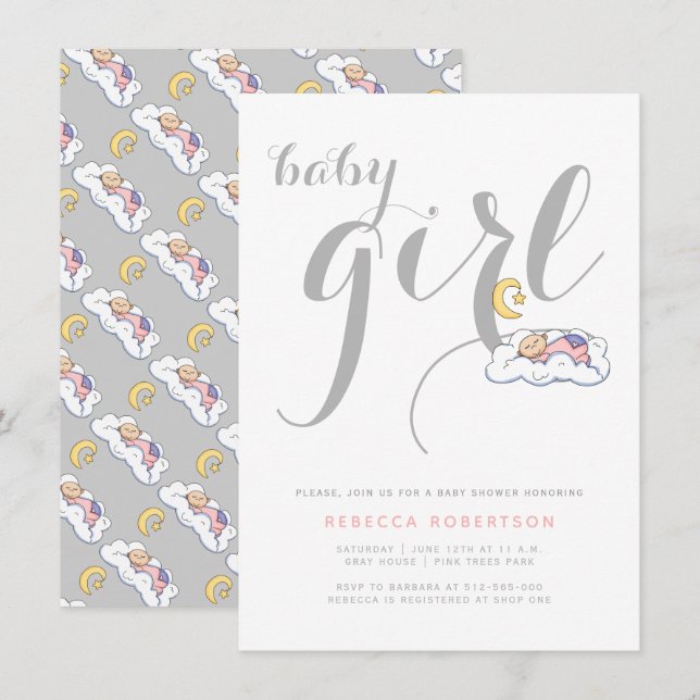 Sleeping baby girl shower gray minimal typography invitation (Front/Back)