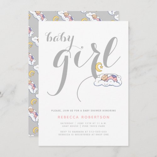 Sleeping baby girl shower gray minimal typography invitation