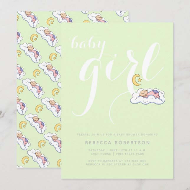 Sleeping baby girl shower pale green  typography invitation (Front/Back)