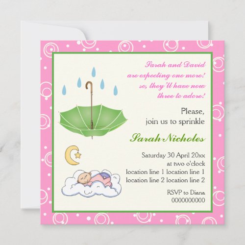Sleeping baby girl sprinkle pink green invitation