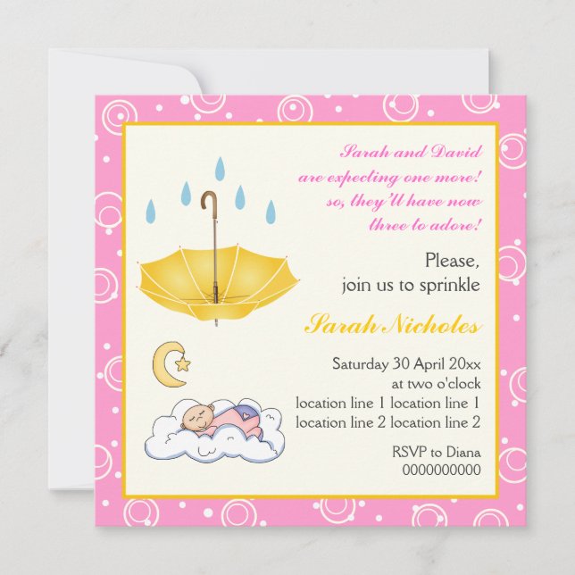Sleeping baby girl sprinkle pink yellow invitation (Front)