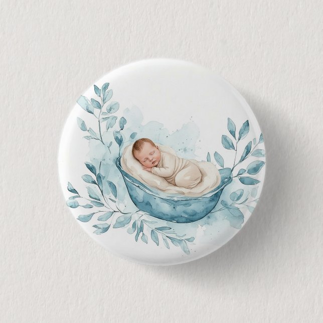 Sleeping Baby in Blue Cradle Button (Front)