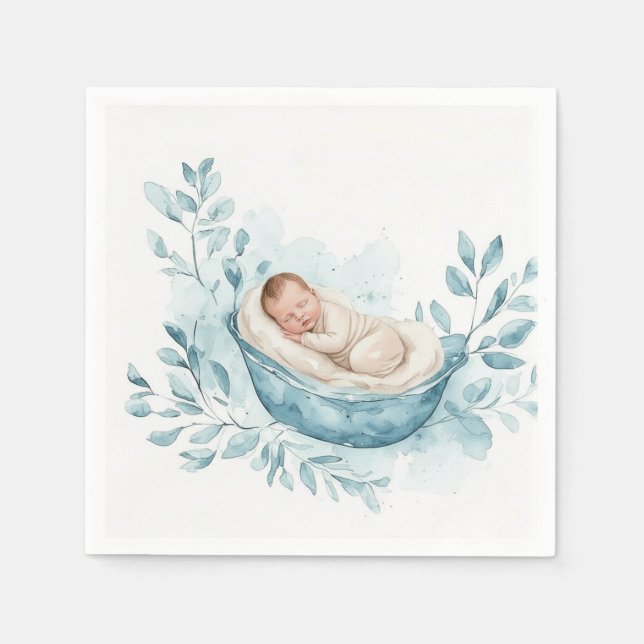 Sleeping Baby in Blue Cradle Napkins (Front)