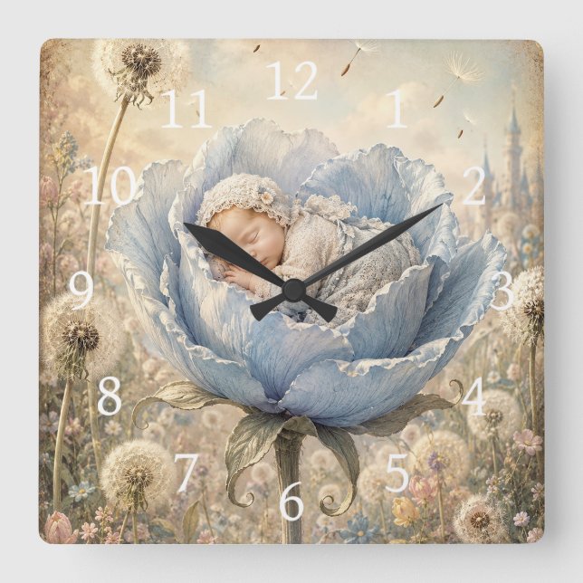 Sleeping baby in blue flower  square wall clock (Front)