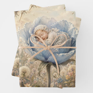 Sleeping baby in blue flower with dandelions wrapping paper sheets