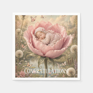 Sleeping baby in pink flower Congratulations Napkins