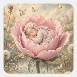 Sleeping baby in pink flower square sticker