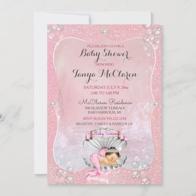 Sleeping Baby Mermaid Pink Clam Shell Pearls Invitation (Front)