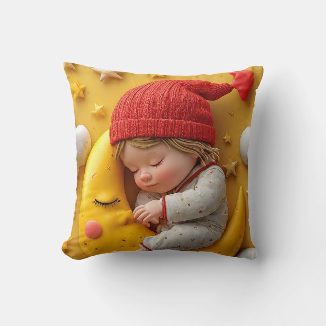 Sleeping Baby On Crescent Moon Throw Pillow (Front)