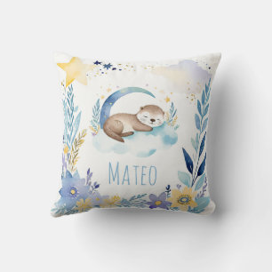 Sleeping Baby Otter Boho Name Nursery Pillow