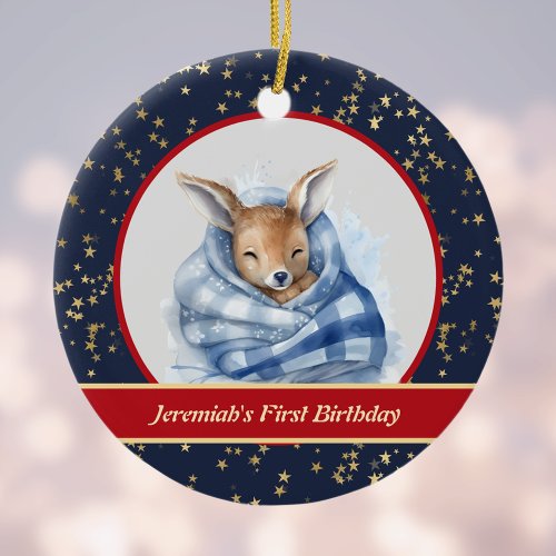 Sleeping Baby Reindeer in Blanket 1st Christmas Ceramic Ornament