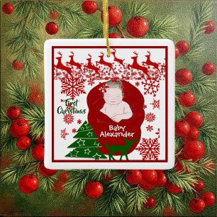 Sleeping Baby's First Christmas Reindeers Custom Ceramic Ornament