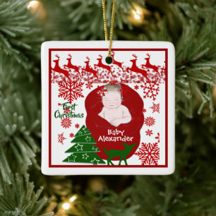 Sleeping Baby's First Christmas Reindeers Custom Ceramic Ornament