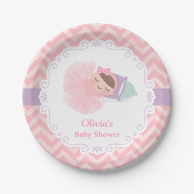 Sleeping Ballerina Tutu Baby Girl Shower Supplies Paper Plates (Front)