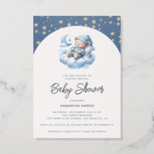 Sleeping bear blue boy baby shower letterpress photo cards