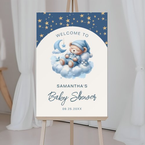 Sleeping bear blue boy baby shower welcome sign