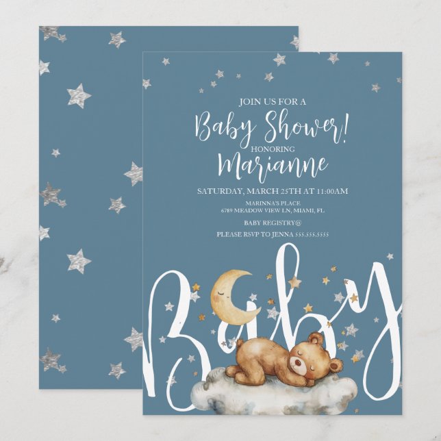  Sleeping Bear Boy Stars Baby Shower  Invitation (Front/Back)