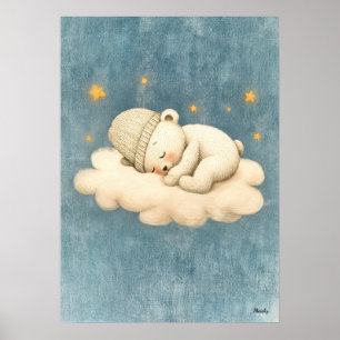 Sleeping Bear Cloud Nursery Baby Illustration Poster