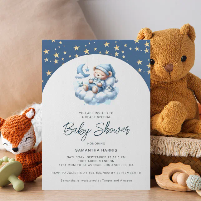 Sleeping bear cloud stars blue boy baby shower invitation Zazzle