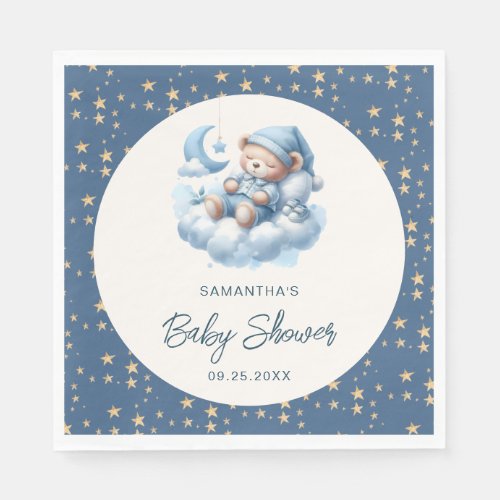 Sleeping bear cloud  stars blue boy baby shower napkins