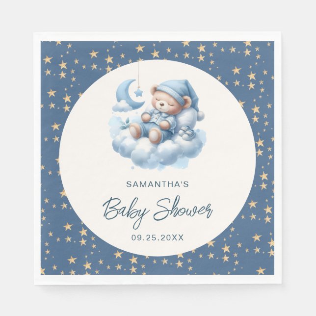 Sleeping bear cloud & stars blue boy baby shower napkins (Front)