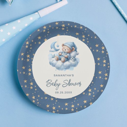 Sleeping bear cloud  stars blue boy baby shower paper plates
