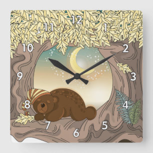 Sleeping Bear in the Woods Under the Moon Cartoon Square Wall Clock