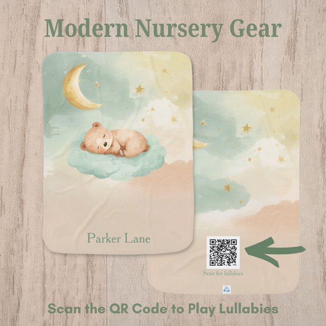 Sleeping Bear Moon Blanket with Lullaby QR Code (Interactive baby blanket with sleeping bear design and scannable lullaby playlist link.)