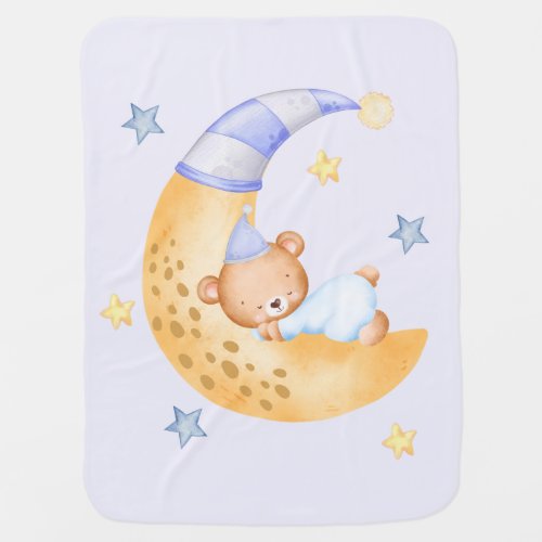 Sleeping Bear Moon Pastel Blue Yellow Boy Nursery  Baby Blanket