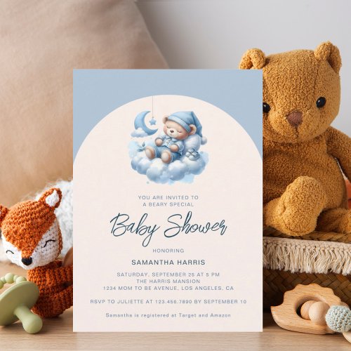 Sleeping bear on cloud blue boy baby shower invitation