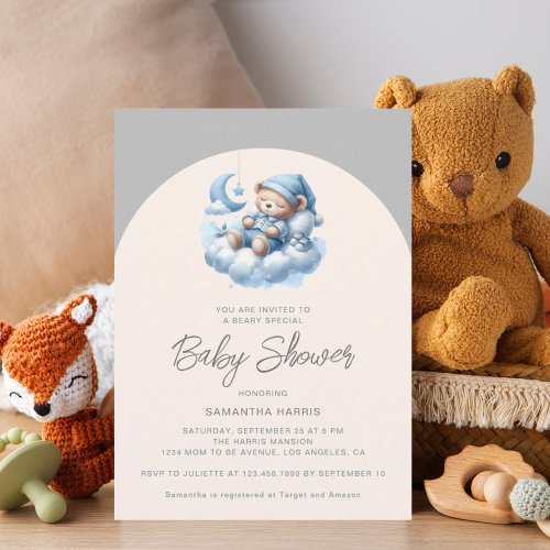 Sleeping bear on cloud blue  grey boy baby shower invitation
