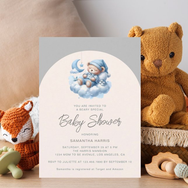 Sleeping bear on cloud blue & grey boy baby shower invitation (Creator Uploaded)