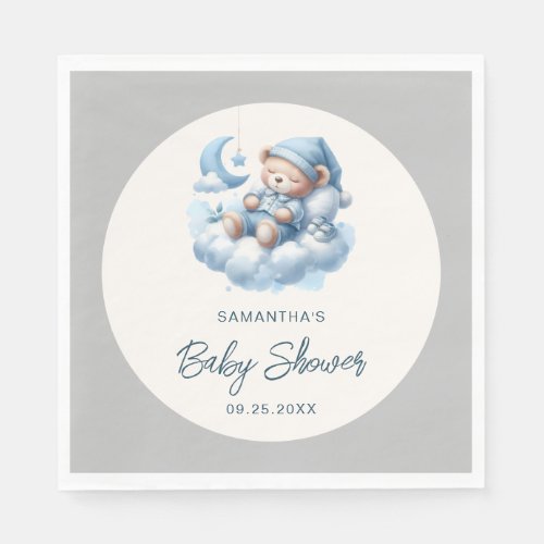 Sleeping bear on cloud blue  grey boy baby shower napkins
