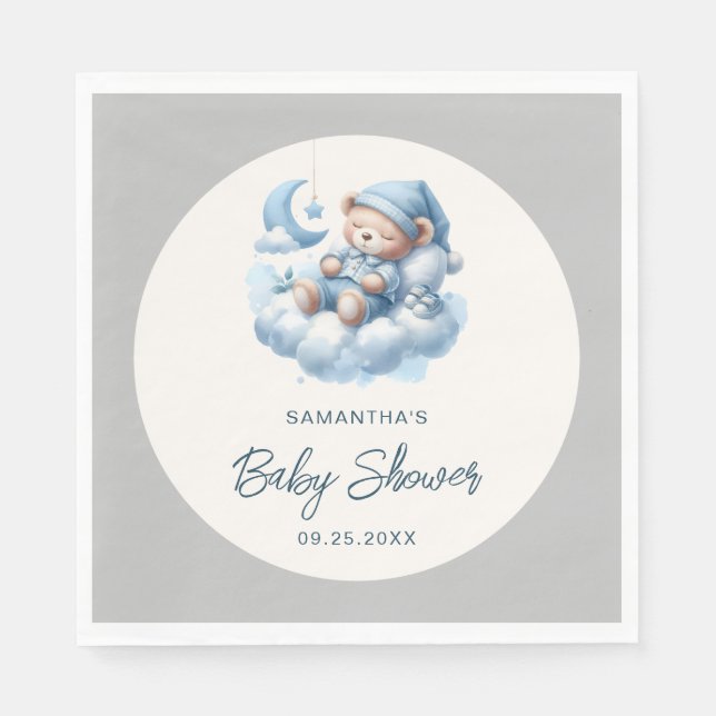 Sleeping bear on cloud blue & grey boy baby shower napkins (Front)