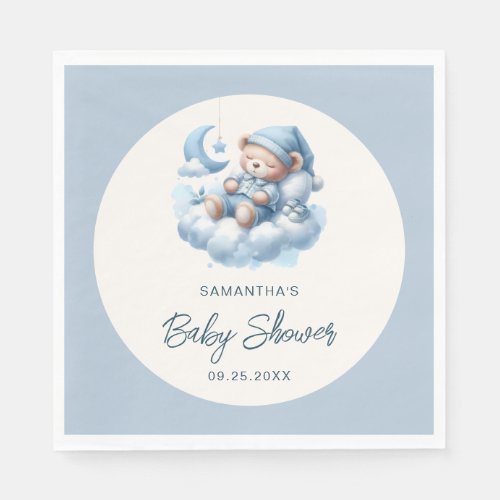 Sleeping bear on cloud dusty blue boy baby shower napkins