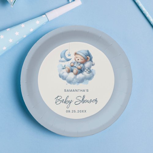 Sleeping bear on cloud dusty blue boy baby shower paper plates