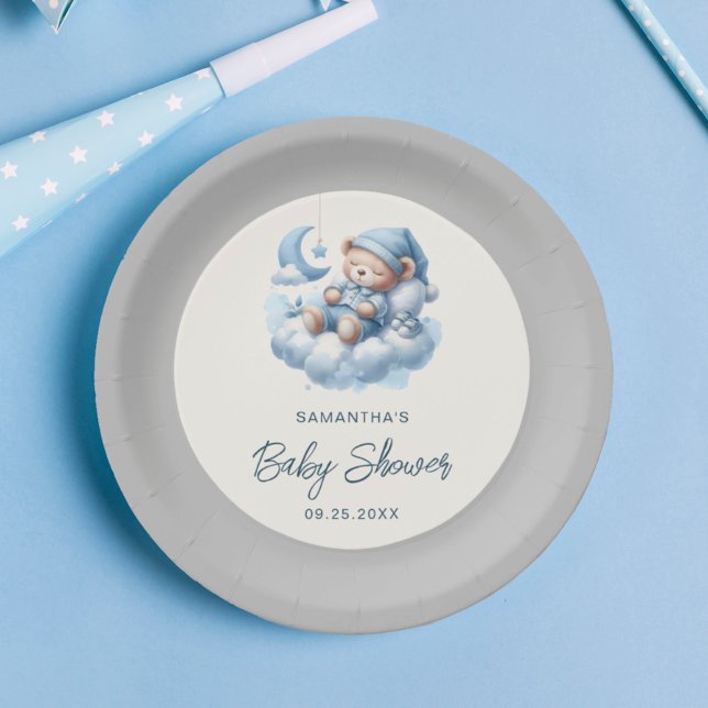 Sleeping bear on cloud grey & blue boy baby shower paper plates (Creator Uploaded)