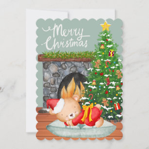Sleeping Bear Santa Suit Christmas Tree Fireplace Holiday Card