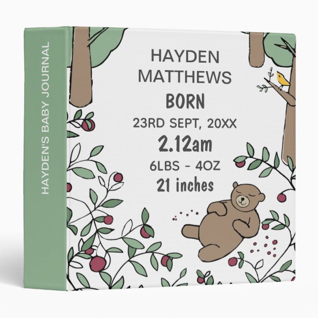Sleeping Bear Woodland Birth Stats Baby Journal 3 Ring Binder (Front/Spine)